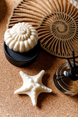 Spa at home. Cozy scandinavian interior, relaxing at home. Beige and light grey background