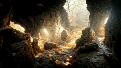 3D render of cave with beautiful natural stone decoration.