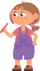 Funny girl with red crayon. Creative kid character