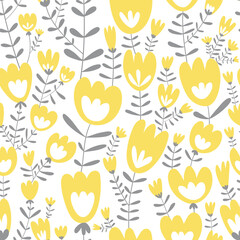 Fototapeta na wymiar Vector floral pattern in doodle style with spring flower of yellow on white background. Blooming garden repeat pattern for textiles, wrapping paper, gift paper, fabric.