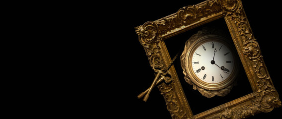 An old antique clock in a golden frame with roman numerals on the dial and ancient keys on a chain,...