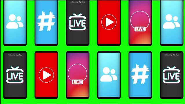 Smartphones with icons in the style of the most popular social networks. Video. Social media.