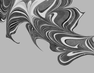 Monochrome wave of fluid pouring spotted design element isolated on gray background. Perfect for Business card, posters, postcards, advertising, holiday invitations. Contemporary Liquid Art. 