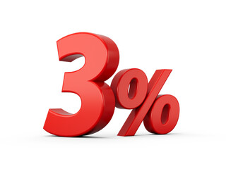 3d Red 3% Three Percent Sign on White Background 3d illustration