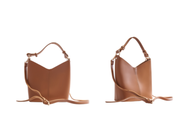 Beautiful brown leather female fashion handbag with transparent background, front view