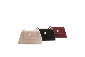 Beautiful brown leather female fashion bag with transparent background, perspective view