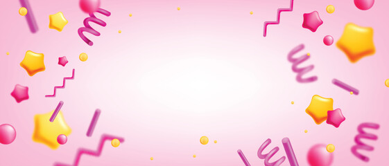 3D confetti party background, vector pink festive congratulation birthday banner, carnival stars. Popper abstract serpentine design, colorful holiday decoration, New Year flying ribbon. 3D confetti