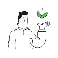 Businessman holding a plant. Concept of ecology, nature protection, green energy, eco activism. Outline, linear, thin line, doodle art. Simple style with editable stroke.