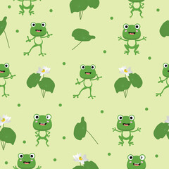 Funny green flat frogs with lilies seamless pattern background. Cute frogs different poses