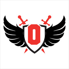 wing Letter O with sheild swords concept