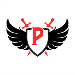 wing Letter P with sheild swords concept - obrazy, fototapety, plakaty