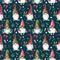 Watercolor seamless Christmas pattern with gnomes, fir trees, fir branches, berries, candies and holly