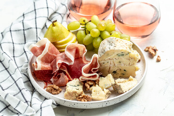 jamon, cheese, pear and grapes, wine appetizer, Restaurant menu, dieting, cookbook recipe top view