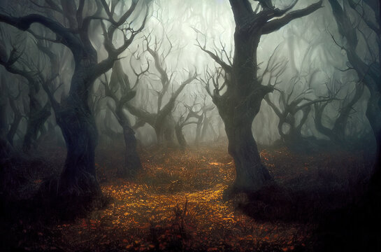 Dark fairy tale forest, twisted trees with bare branches, dark creepy atmosphere and mysterious fog, generative AI illustration