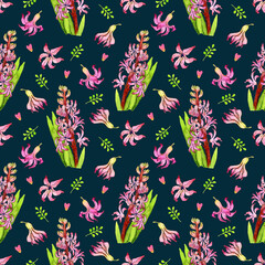 seamless watercolor pattern with pink hyacinth flowers on a dark background.