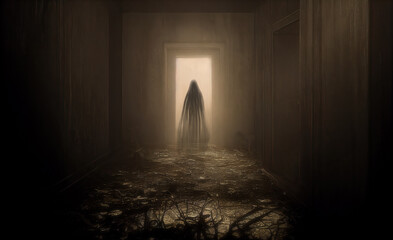 Abandoned room interior, rubble on floor, dark spooky ghost silhouette in a doorway. Generative AI illustration