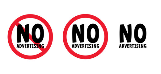 Stop, no advertising. No ads sign. Red circle background. Advertisement prohibited sign. Digital security concept. No spam or junk email. Cartoon e mail or mailing. No Cookies