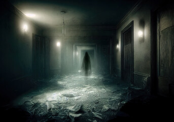 Creepy dark corridor perspective in abandoned haunted hotel, mysterious lights, flying ghosty figure at distance, horror story, generative AI illustration - obrazy, fototapety, plakaty