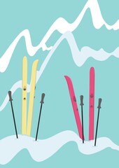 Skiing equipment stood in the snow