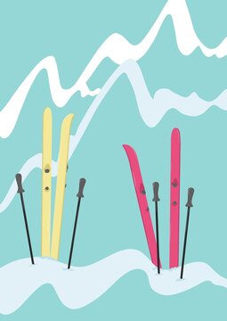 Skiing equipment stood in the snow