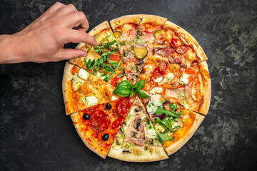 slices of pizza with different toppings, a hand holding a piece of pizza on a dark background, Restaurant menu, dieting, cookbook recipe top view