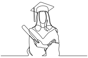 continuous line drawing of graduate students wearing cap and gown
