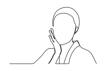 continuous line drawing of beautiful woman touching her face