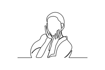 continuous line drawing of beautiful woman touching her face