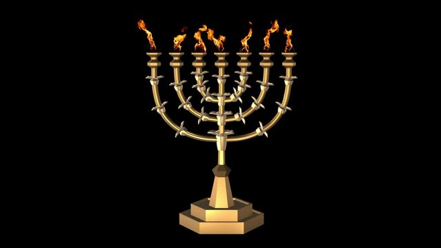 Golden Menorah with Seven Arms Candlestick Almond Blossom Lit with Flames Tabernacle Sanctuary Moses [45sec 30fps]
