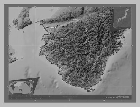 Wakayama, Japan. Grayscale. Labelled points of cities