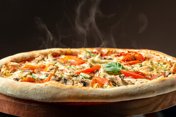 Hot big pizza tasty pizza composition with steam smoke, place for text