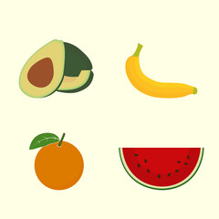 Set of colorful cartoon fruit icons: avocado, watermelon, orange, banana. Vector illustration