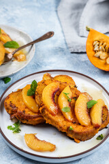 Taste of autumn, pumkin toast with grilled apricot and honey