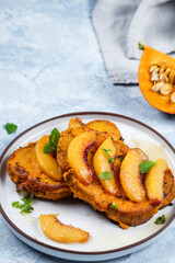 Pumpkin French toast with apricot. Autumn swasonal food