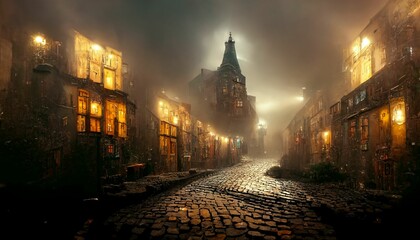dark and moody narrow foggy street of cobblestone in a whimsical town.