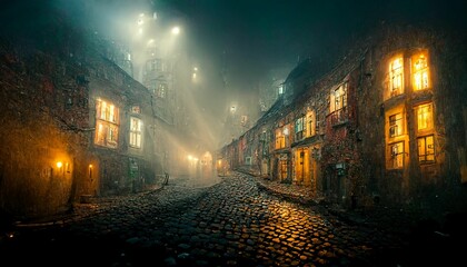 dark and moody narrow foggy street of cobblestone in a whimsical town.