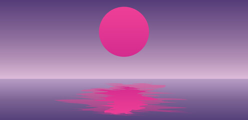 abstract vaporwave background with purple sun above the sea