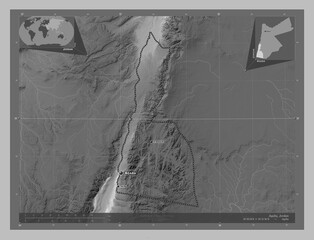 Aqaba, Jordan. Grayscale. Labelled points of cities