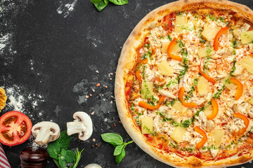 pizza with chicken pineapple and pepper, hawaiian pizza, on a dark background, Restaurant menu, dieting, cookbook recipe top view