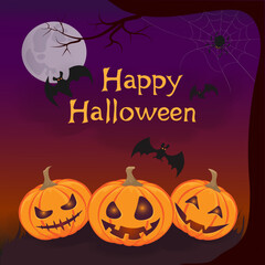 Happy Halloween Poster. Halloween night background with full Moon and pumpkins, bats, spider. Vector elements for banner, greeting card Halloween celebration, Halloween party poster. EPS10 vector