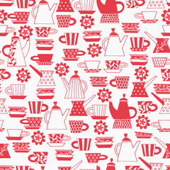 Seamless pattern. Hand drawn Fika koffe cups decorated with patterns in Scandinavian style. Hot drinks, Pottery, holidays concept. For wrapping paper, other design projects