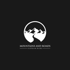 Basic Minimalist landscape hills, mountain peaks river creek silhouette logo design vector