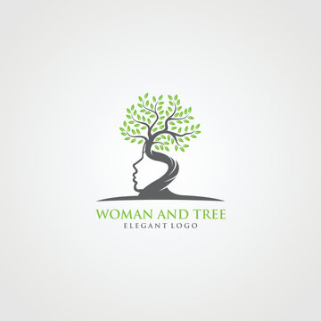 blooming tree with female face, vector, Vector person ecological, think green,tree brain logo concept. human mind, growth , innovation, thinking, symbol stock illustration.