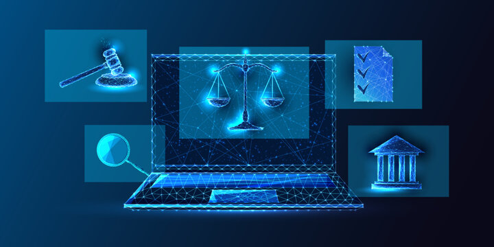 Concept of online legal advice, attorney service in futuristic glowing polygonal style on dark blue