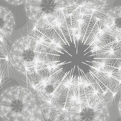 Dandelion seeds.. Seeds-umbrellas of dandelion. White silhouettes of dandelion leaves. Gray background. Vector. Seamless pattern. Vector seamless pattern.