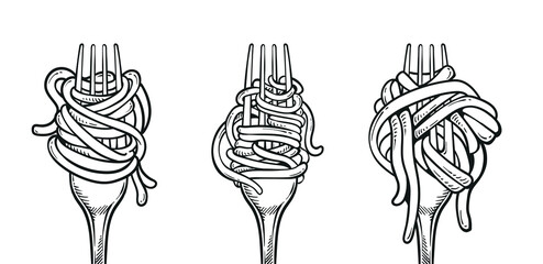 Fork with noodle pasta illustration set. Eating spaghetti using fork vector design