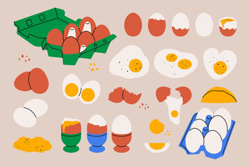 Chicken eggs. Cartoon boiled raw fried egg yolk carton boxes, broken eggshell proteins organic food. Vector isolated set