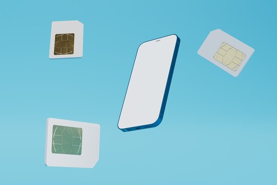 smartphone for several SIM cards. smartphone around which SIM cards fly on a blue background. 3D render