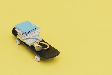 learning concept. books, headphones, skateboard glasses on a yellow background. copy paste, copy space. 3D render