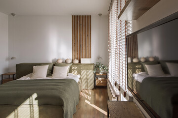 Modern Japandi bedroom interior design in earth tones, natural textures with wooden solid oak...